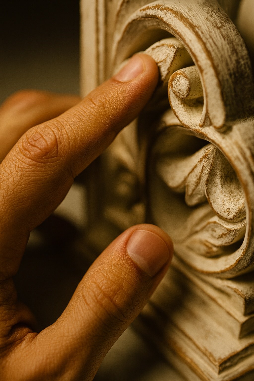 Hand tracing carved scrollwork on ELANORA Caelis bookend — mango wood luxury bookends Dubai