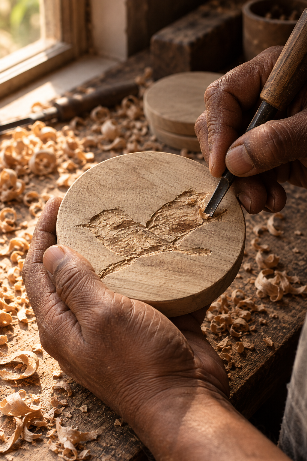 ELANORA handcrafted mango wood coasters — artisan craft
